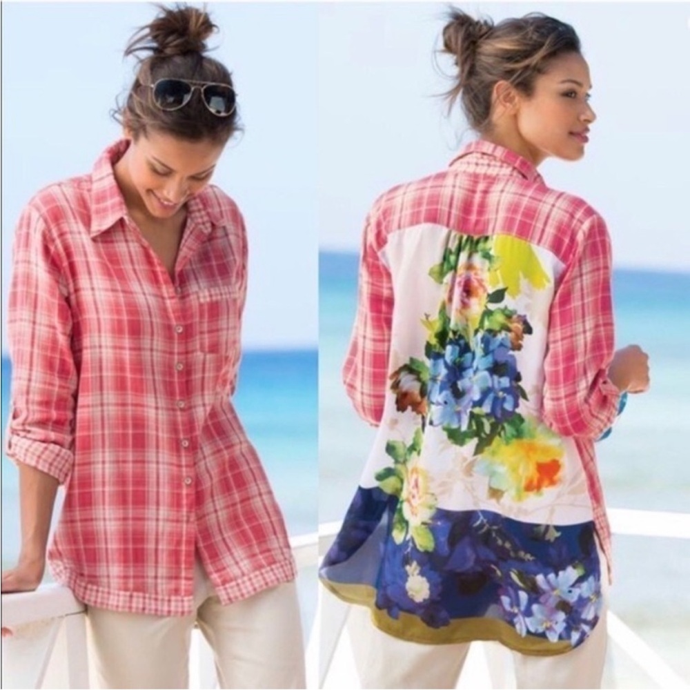 Soft Surroundings Kaolin Pink Plaid Shirt with Floral Print Back Panel